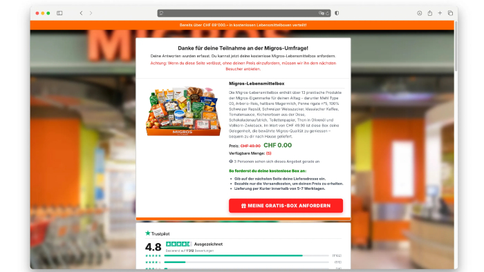 Gefälschte Migros-Website verleitet mit zusätzlichem Zeitdruck zu schneller Bestellung