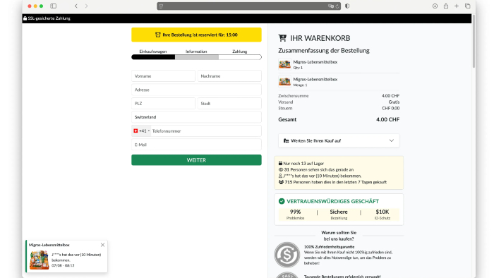 Gefälschte Bestellwebsite bei der persönliche Informationen verlangt werden