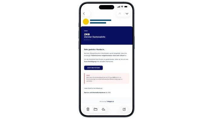 Das Bild zeigt einen Screenshot der Betrugs-E-Mail auf einem Smartphone