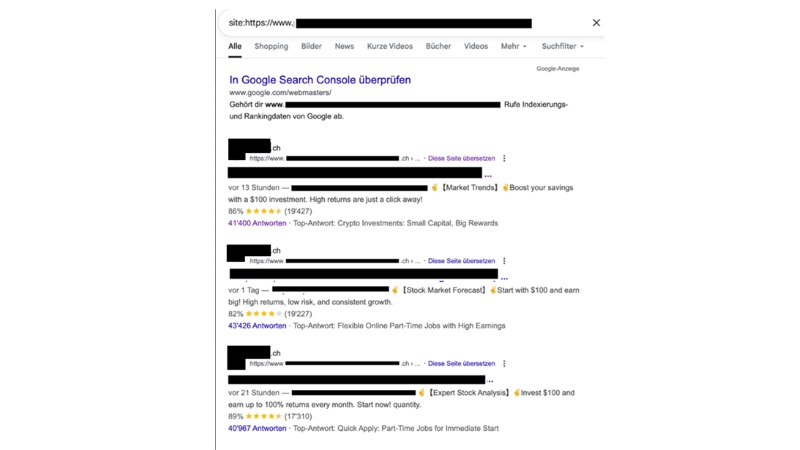 Das Bild zeigt die manipulierten Suchergebnisse auf Google.