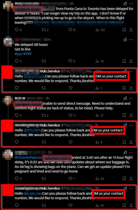 Betrügerische Nachrichten von Fake-Profilen mit dem Ziel frustrierte Kunden in private Chats zu locken