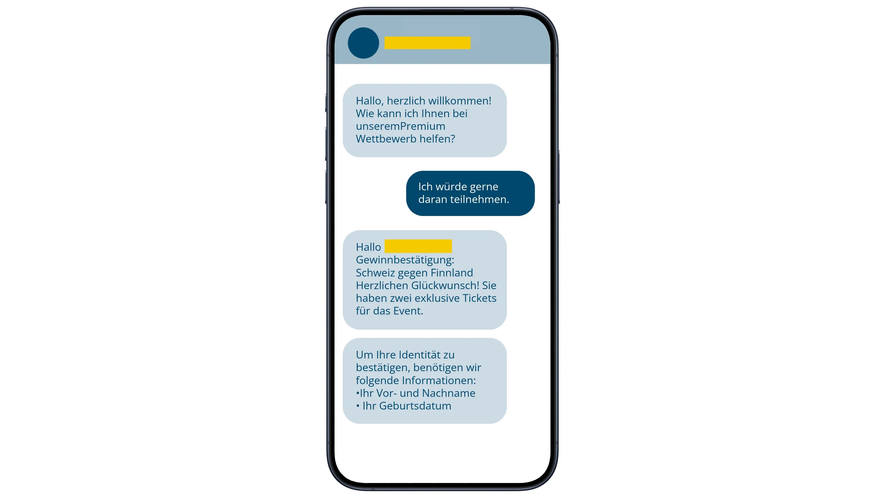 Illustration eines Smartphone-Chats mit einem angeblichen Gewinnspielanbieter. Die Nachrichten bestätigen vermeintlich gewonnene Tickets für ein Eishockeyspiel und fordern zur Identitätsprüfung persönliche Angaben wie Name und Geburtsdatum an.