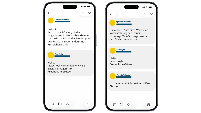 Screenshots zweier Smartphones, die eine Konversation zwischen einem "Cyberkriminellen" und einem "Verkäufer" symbolisieren.