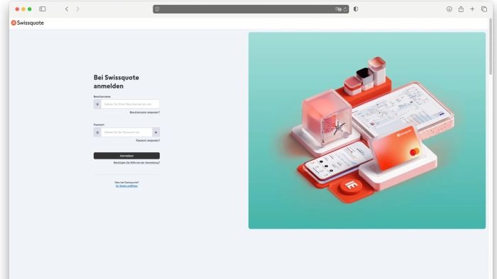 Screenshot mit Login-Eingabefeldern auf grauem Grund. Rechts davon ein Bild mit Smartphone-Zubehör (weiss und rot) vor einem grünen Hintergrund.