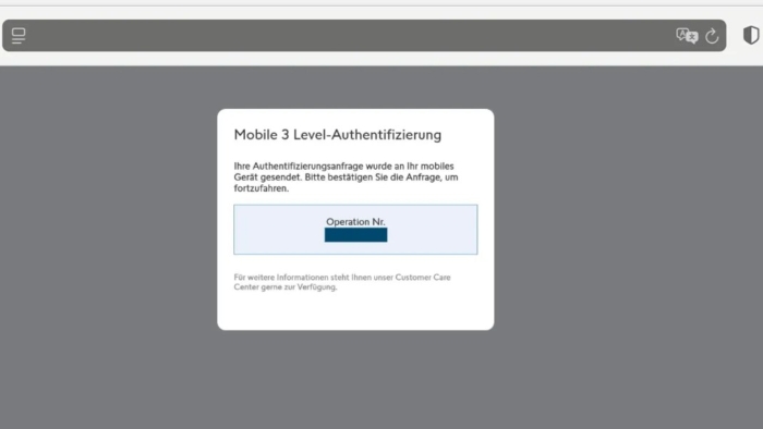 Graues Eingabefeld für einen Code zur "Mobile 3 Level-Authentifizierung" (grau).
