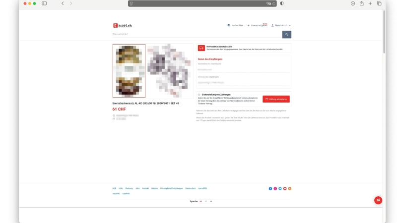 Abbildung der betrügerischen Website, die zum "Akzeptieren" der vermeintlichen Zahlung auffordert.