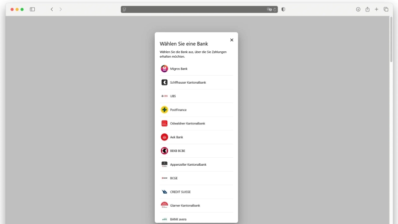 Auswahlmenus mit verschiedenen Logos von Finanzinstituten (u.a. Migros Bank, UBS, PostFinance).